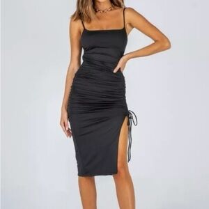 Princess polly ADALEE MIDI DRESS BLACK thigh slit little black DRESS ☆ SLIT